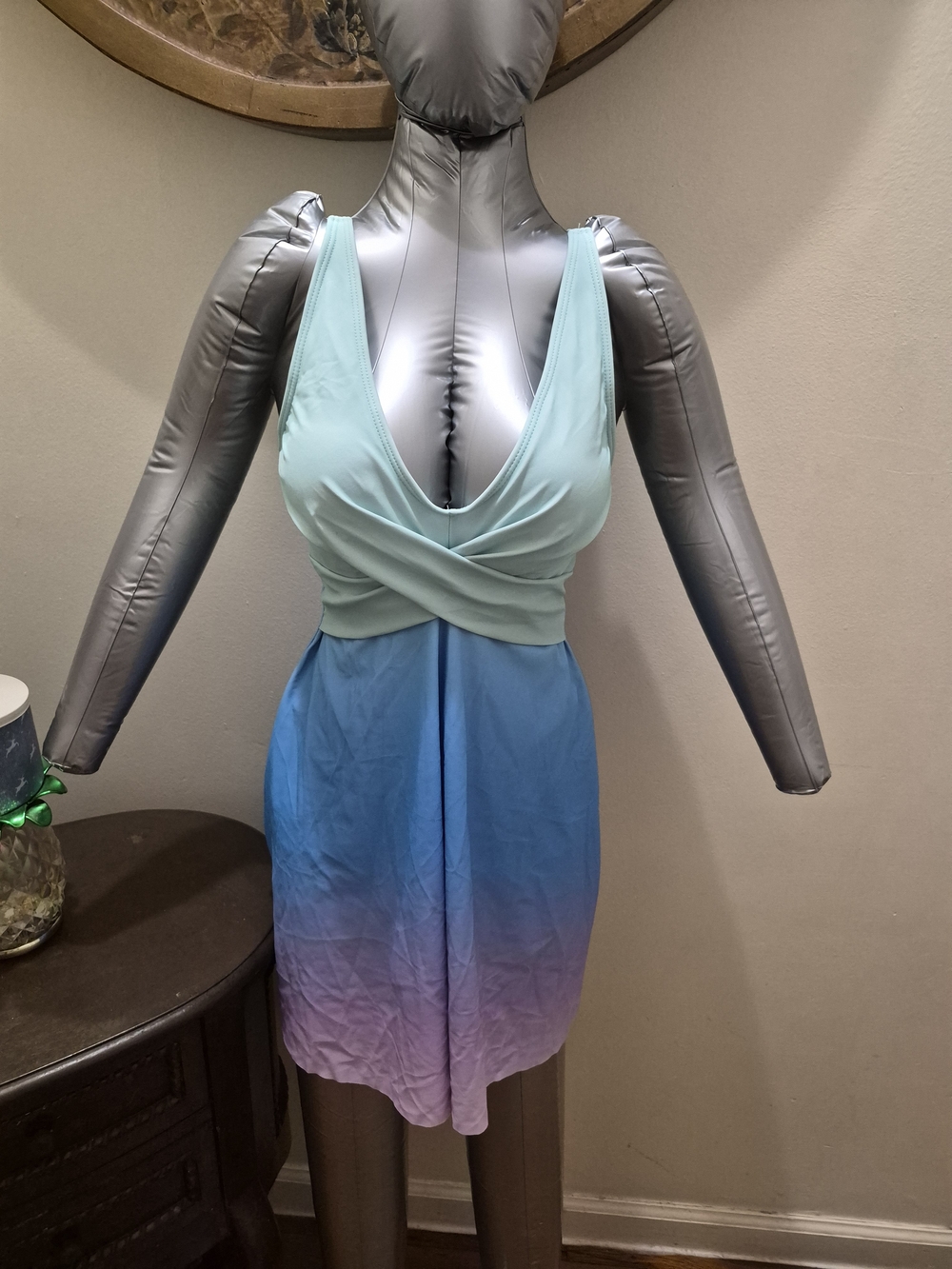 SHEIN Mint to Blue Ombre V-Neck One-Piece Swim Dress